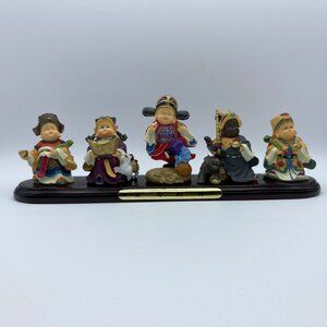 Five Prosperity God Miniture Figurines With Wooden Stand, Vintage, Handpainted